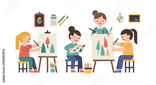 A group of young girls happily engage in an art class, painting trees on canvases and using various art supplies in a bright classroom setting.