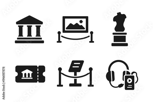 Museum visitor services solid black icon set vector illustration