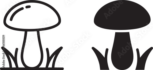 Outline And Filled Mushroom Icons With Grass Details