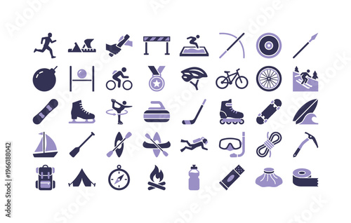 Collection of diverse athletic and outdoor activity icons in purple and dark blue