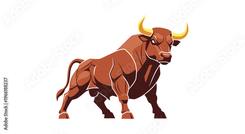 A stylized, muscular brown bull with yellow horns stands firmly on a white background.