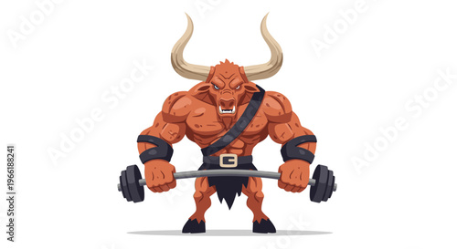 A muscular, horned bull-like creature lifts a barbell while standing on a white background.