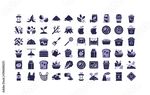 Collection of icons representing composting, recycling, and waste management processes