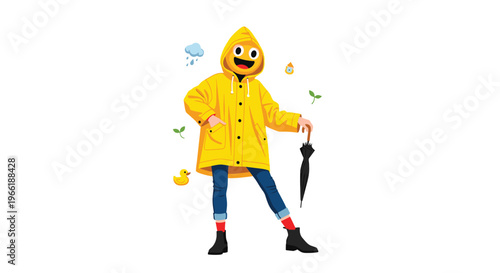 A cheerful person with a smiley face head in a yellow raincoat and blue jeans stands holding a black umbrella surrounded by small weather icons.