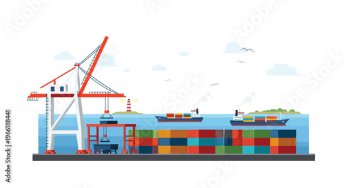 A red and white gantry crane loads a container onto a cart at a bustling port with multiple ships and stacked containers.