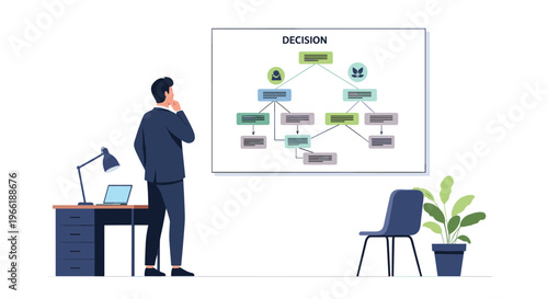 A man in a dark suit is contemplating a DECISION flowchart displayed on a large screen in an office setting.