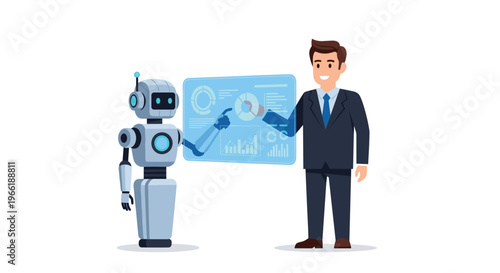 A man in a suit holds a transparent holographic screen while a robot interacts with its circular charts.