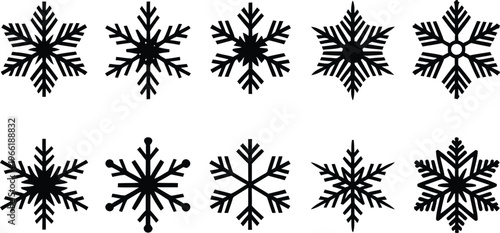 Black snowflake icon set, winter crystal shapes collection, vector snow symbols isolated, decorative ice flakes silhouettes for seasonal design use