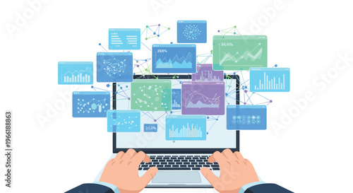 A pair of hands types on a laptop keyboard, surrounded by numerous floating windows displaying diverse charts and data visualizations.