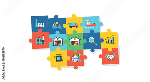 Twelve colorful puzzle pieces, each with a business or logistics icon, are partially connected to form an incomplete rectangle.