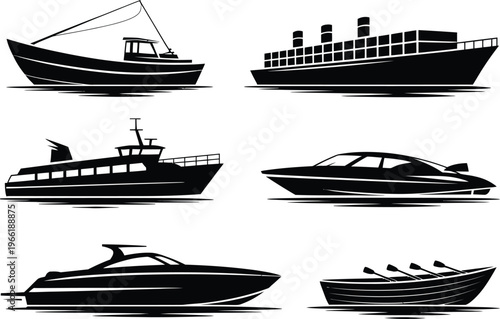 Boat and ship silhouette set featuring fishing vessel cargo ship yacht and rowing boat for marine transport design vector illustration