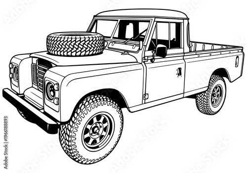 Classic Vintage 4x4 Pickup Truck with Spare Tire on Hood Line Art