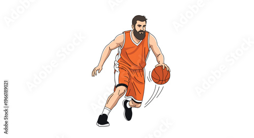 A bearded male basketball player in an orange and white uniform dribbles an orange basketball with motion lines on a white background.