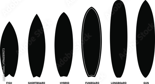 Surfboard silhouette collection, surf board types set, fish shortboard hybrid funboard longboard gun shapes, surfing vector illustration, ocean sport design