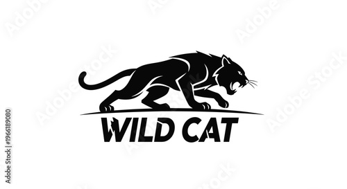 A black silhouette of a wild cat in a stalking pose with its mouth open, positioned above the bold text WILD CAT on a white background.
