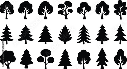 Tree silhouettes collection, forest vector set, pine and deciduous trees, nature icons, isolated black shapes, landscape design elements, botanical illustration