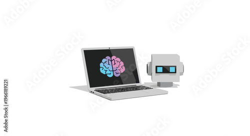 A cubic robot head stands next to a laptop displaying a colorful brain graphic on a white background.