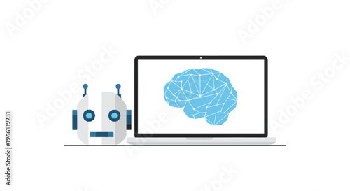 A white robot stands next to a laptop displaying a geometric blue brain graphic on a white background.