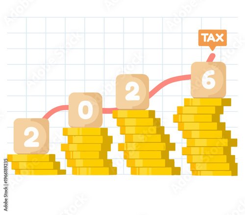 Financial growth 2026 vector illustration, rising gold coin stacks with year blocks and tax label, business revenue and fiscal planning chart, economic forecast and investment success concept