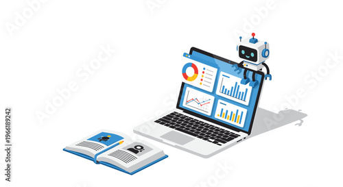 An isometric illustration shows a robot on a laptop displaying data dashboards next to an open book on a white background.