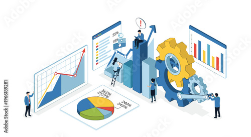 Tiny people are analyzing data with oversized charts, gears, and screens, featuring a prominent upward trending arrow in an isometric view.