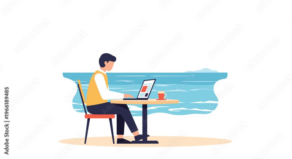 Fototapeta premium A man sits in a chair at a small round table, working on a laptop with a mug, overlooking a blue ocean.