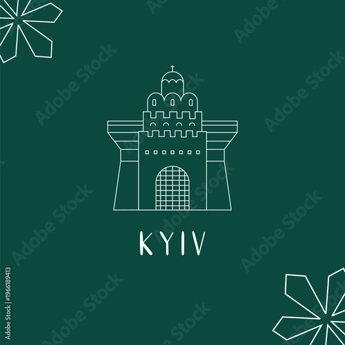 Kyiv greeting card, print in a line style with Golden Gate.