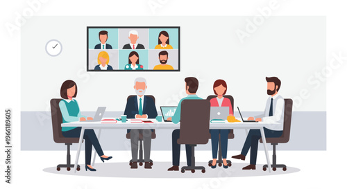 Six business professionals are seated at a long table in an office, participating in a video conference displayed on a wall screen.