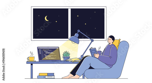 A man sits in a blue armchair, reading a book and drinking from a mug, next to a desk with a laptop and lamp, under a night sky.