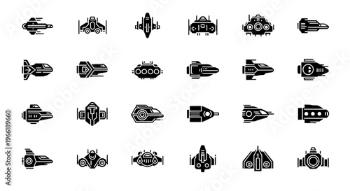 Futuristic Spaceship Glyph Icons Set – Sci Fi Spacecraft Collection, Alien Ships, Space Vehicles, Solid Vector Icons, Isolated on Transparent Background