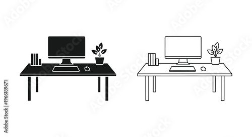 two different desks with computers and plants on them Vector
