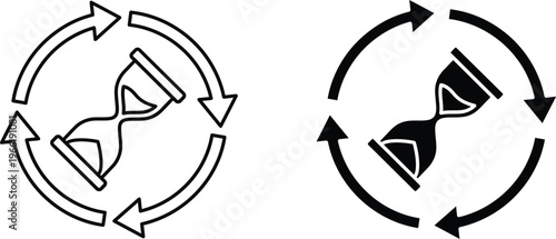 A black and white illustration of two hourglass icons with circular arrows