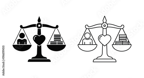 black and white line icons of scales with heart Vector