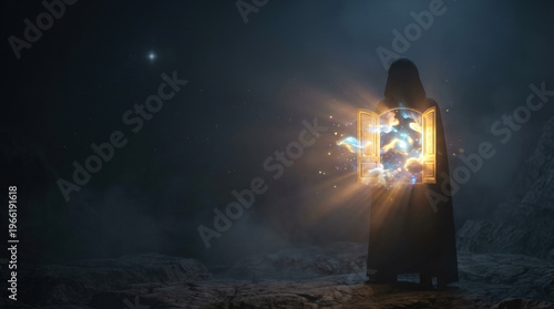 Mysterious figure opens a portal to a vibrant, starry cosmos at night