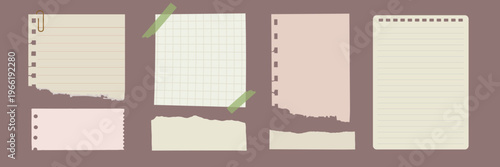 Collection of torn paper notes, including lined, grid, and plain styles. Torn paper, paper notes, and paper textures create a vintage, crafty look. Stationery element vector set.
