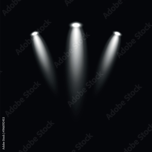 Three spotlights illuminate darkness, overlay effect vector element