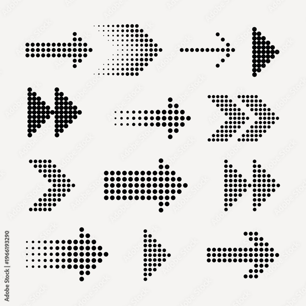 Fototapeta premium Set of dotted arrows in various styles and directions. Black dotted arrows create dynamic patterns. Perfect for design projects needing dotted arrows. Element vector set.