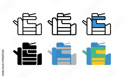 Set of icons representing photocopiers in different styles and colors
