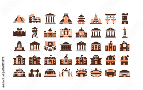 Collection of diverse architectural icons representing historical and modern buildings