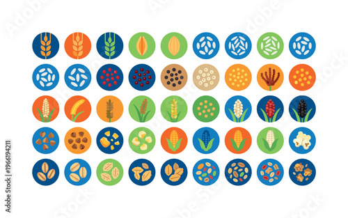 Collection of colorful icons representing various grains, seeds, and cereals