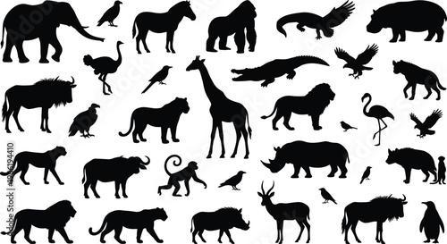 Black silhouette collection of wild African safari animals, including elephant, lion, giraffe, zebra, rhino, and monkey, isolated on white background