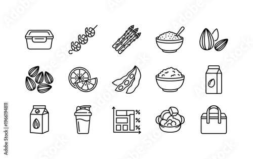 Collection of healthy food icons and meal prep accessories for a balanced diet