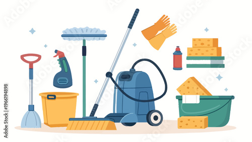 A collection of cleaning supplies and equipment on a white background
