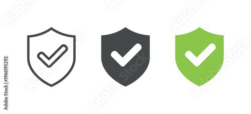 Three shield icons with checkmarks represent security, approval, and protection