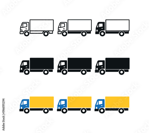 Collection of stylized truck icons in different colors and styles for logistics
