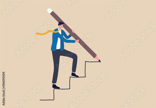Business development successful, strategy to reach business target or career path achievement concept, smart businessman use huge pencil to draw rising up staircase and walk climbing up