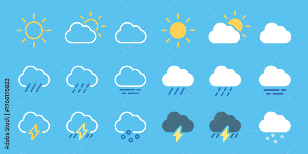 Fototapeta premium Weather icons depicting various conditions vector set