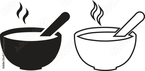 Minimalist soup bowl icon set, hot steaming broth with spoon vector illustration, black and white food bowl symbols for restaurant menus