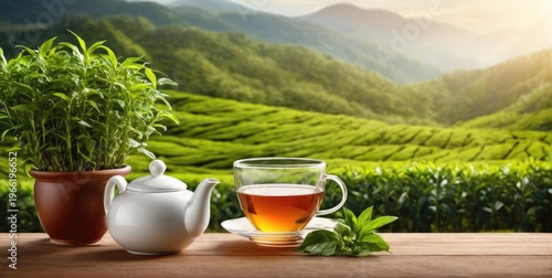 tea leaves, mug, plantations. free space for text