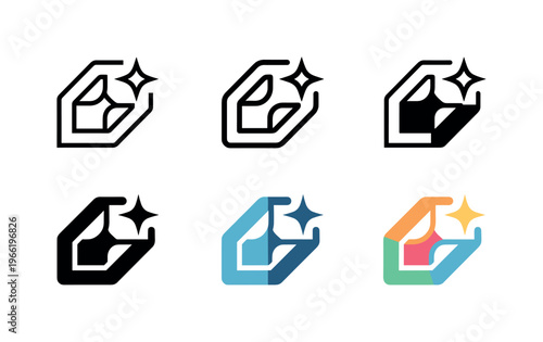 Collection of six geometric icons showing a sparkling gem or crystal in different styles